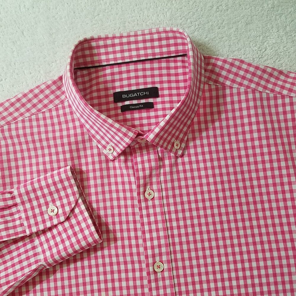 BUGATCHI Performance Polyester Pink Plaid Button Up Shirt Classic Fit Men's XL